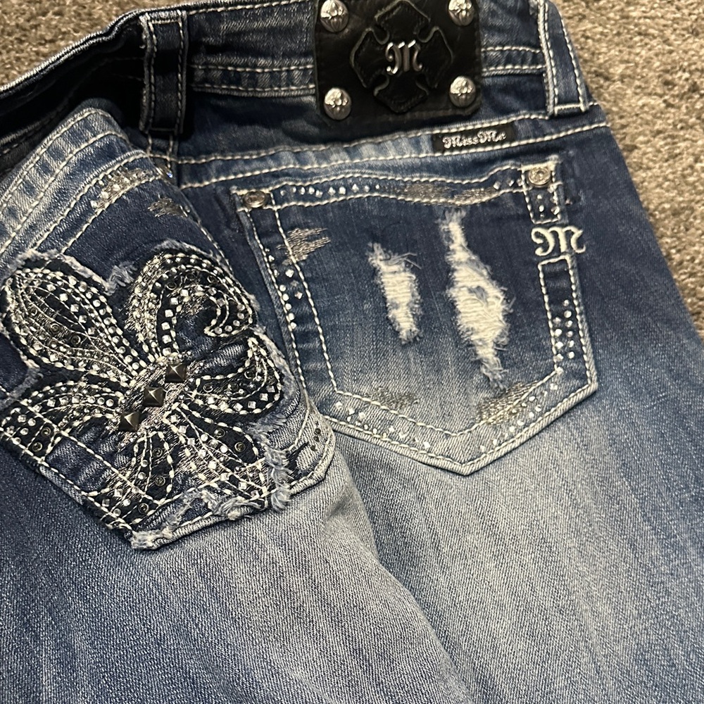 Miss Me Blue Embellished Boot Cut Jeans with Rhinestone Fleur